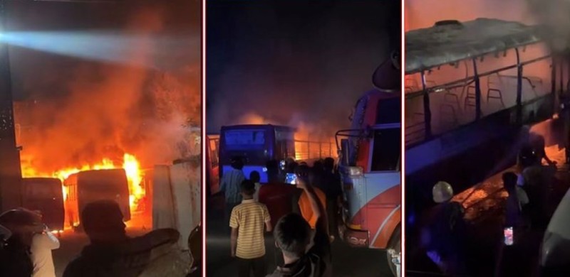 धरानमा पार्किङमा राखिएका ६ वटा  बसमा आगलागी