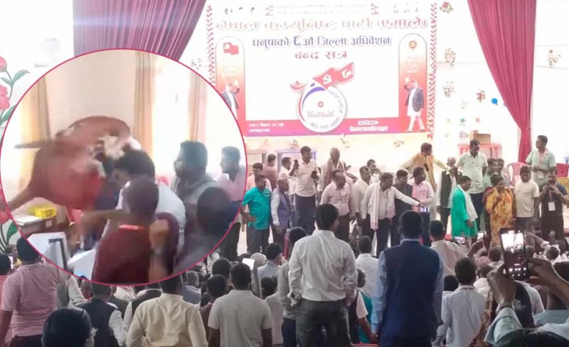 एमाले  जिल्ला अधिवेशनमा विवाद, कुर्सी हानाहान